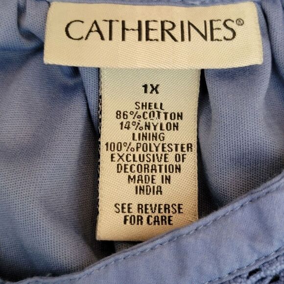 Catherine's 1X Top Blouse Blue Lace Overlay 3/4 Sleeve V-Neck Boho Classy Modest - Picture 11 of 14